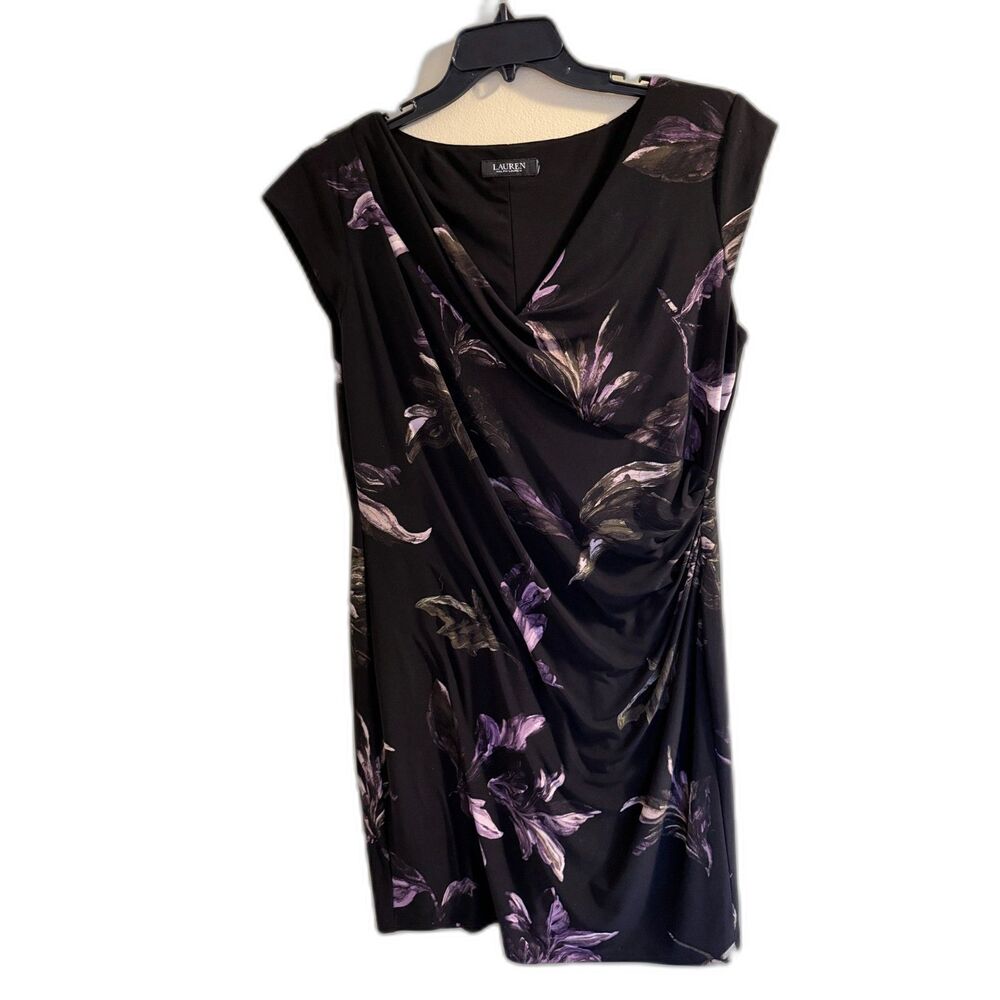 Lauren Ralph Lauren Floral Faux Wrap Sheath Dress Purple‎ Black Size 14